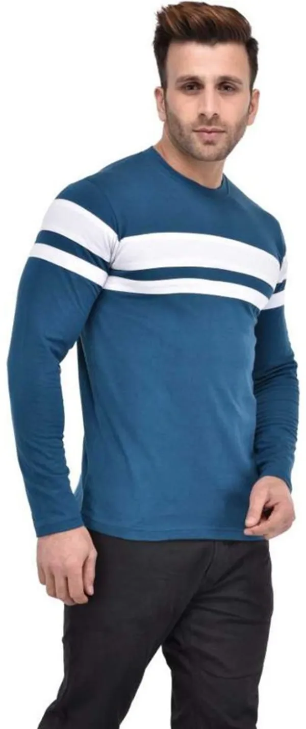 White_&_Blue_Cotton_Blend_Full_Sleeve_Striped_Round_Neck_Regular_T-Shirt_For_Men