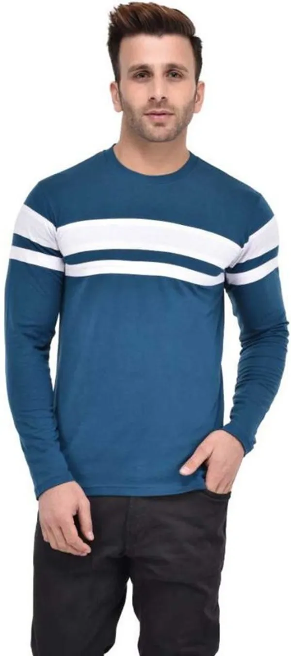 White_&_Blue_Cotton_Blend_Full_Sleeve_Striped_Round_Neck_Regular_T-Shirt_For_Men