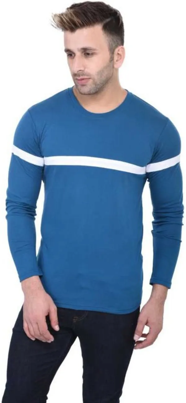 White_&_Blue_Cotton_Blend_Full_Sleeve_Striped_Round_Neck_Regular_T-Shirt_For_Men