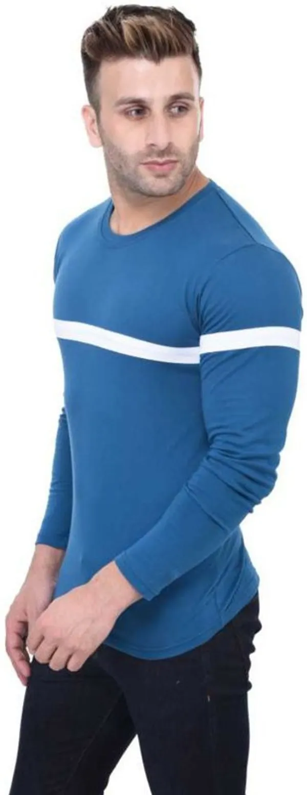 White_&_Blue_Cotton_Blend_Full_Sleeve_Striped_Round_Neck_Regular_T-Shirt_For_Men