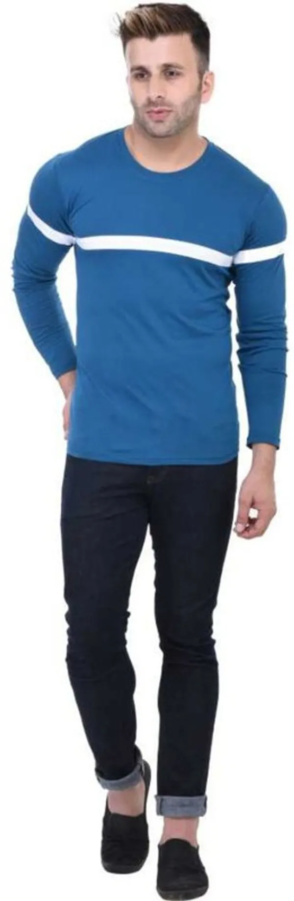 White_&_Blue_Cotton_Blend_Full_Sleeve_Striped_Round_Neck_Regular_T-Shirt_For_Men