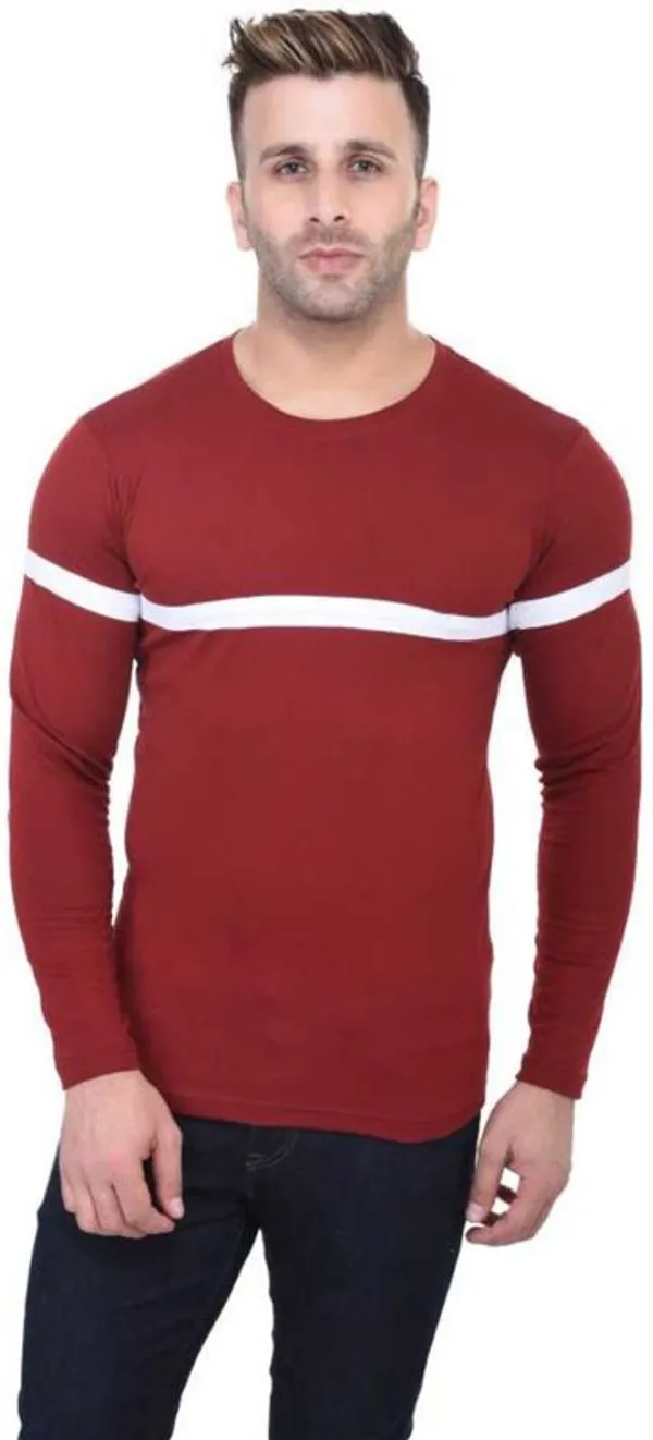 White_&_Maroon_Cotton_Blend_Full_Sleeve_Striped_Round_Neck_Regular_T-Shirt_For_Men