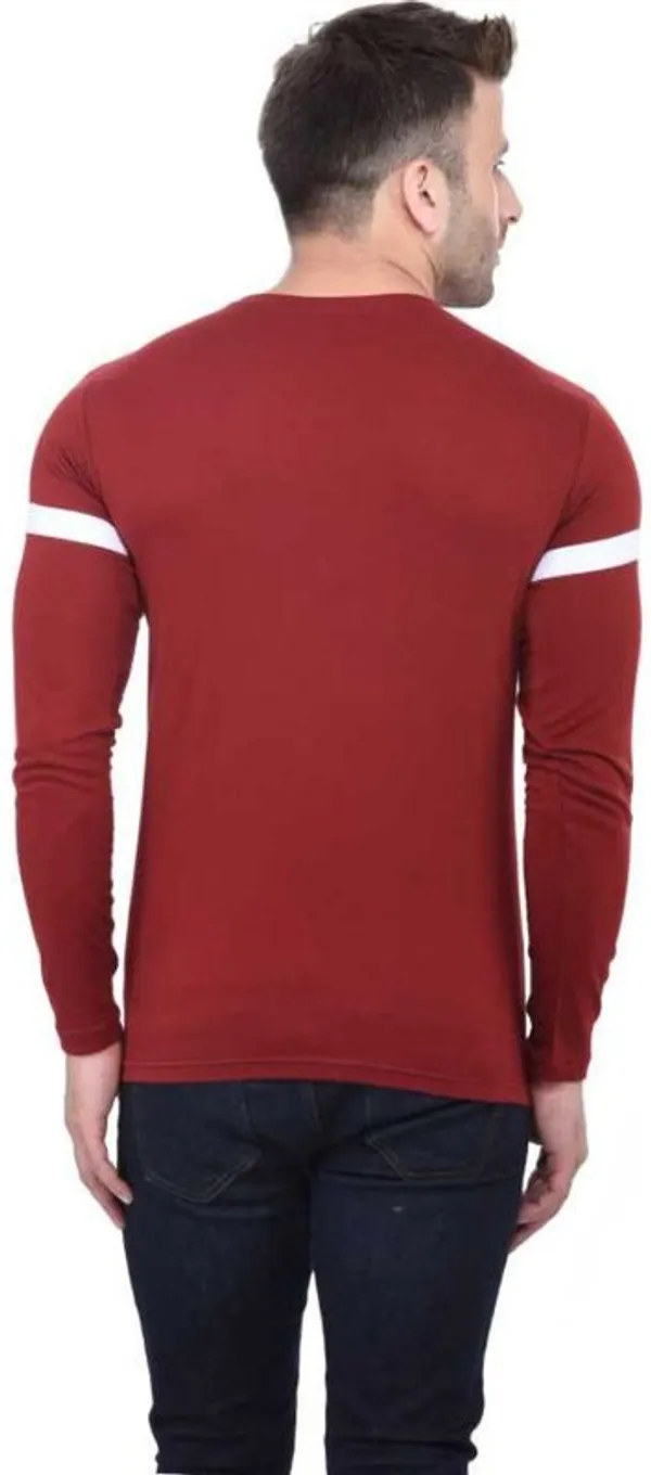 White_&_Maroon_Cotton_Blend_Full_Sleeve_Striped_Round_Neck_Regular_T-Shirt_For_Men