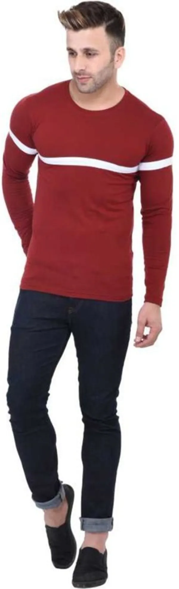 White_&_Maroon_Cotton_Blend_Full_Sleeve_Striped_Round_Neck_Regular_T-Shirt_For_Men