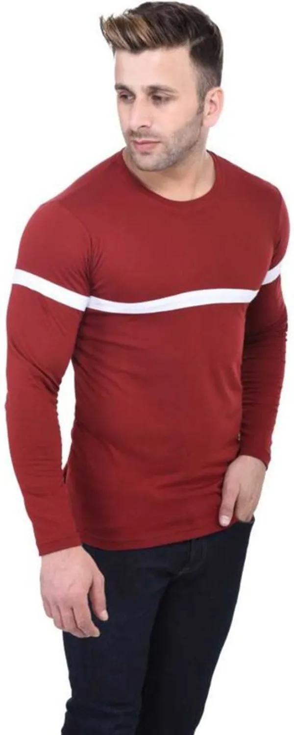 White_&_Maroon_Cotton_Blend_Full_Sleeve_Striped_Round_Neck_Regular_T-Shirt_For_Men