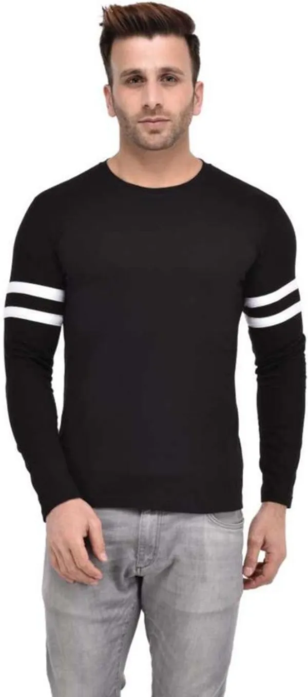 White_&_Black_Cotton_Blend_Full_Sleeve_Striped_Round_Neck_Regular_T-Shirt_For_Men
