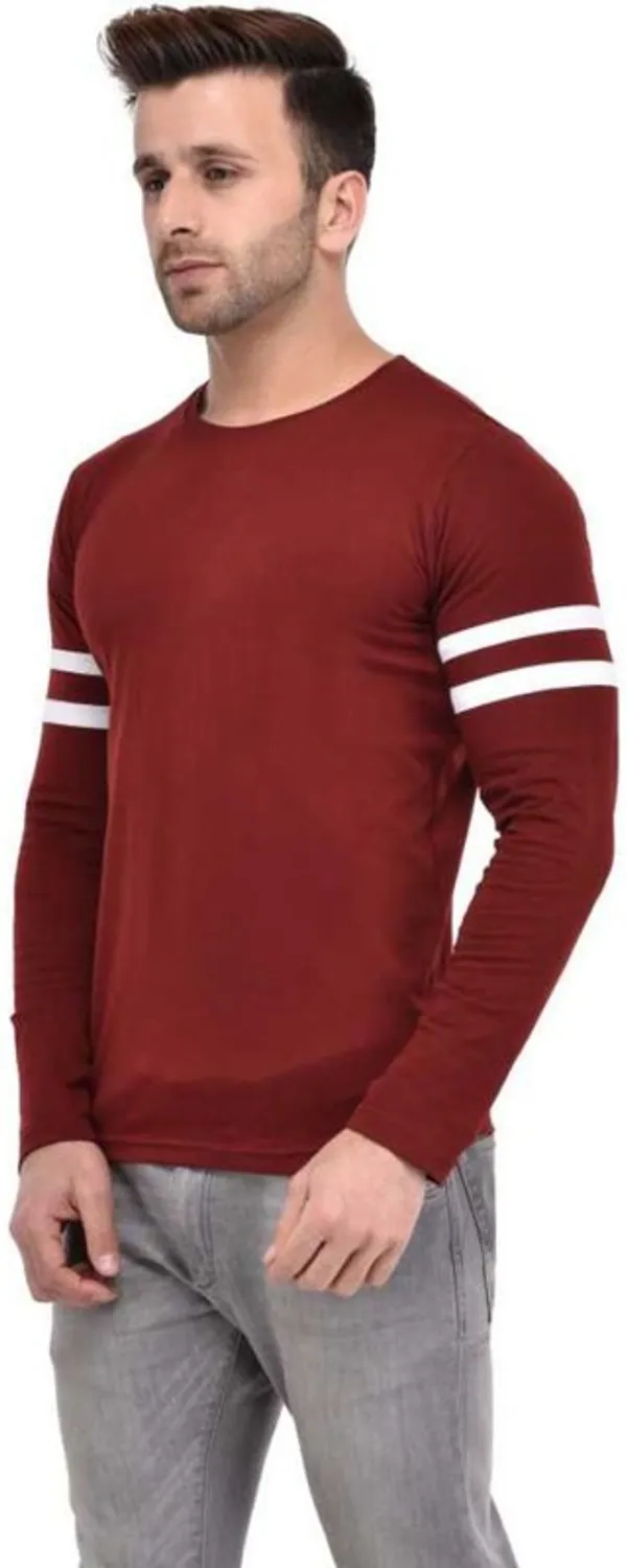 White_&_Maroon_Cotton_Blend_Full_Sleeve_Striped_Round_Neck_Regular_T-Shirt_For_Men