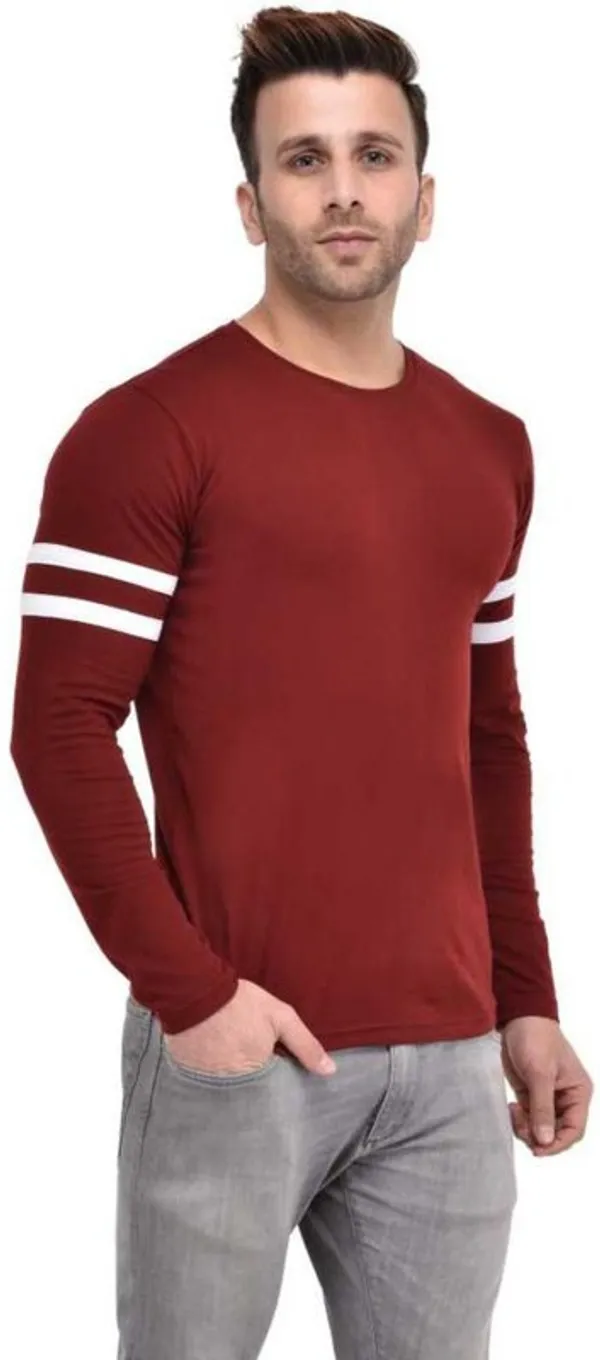 White_&_Maroon_Cotton_Blend_Full_Sleeve_Striped_Round_Neck_Regular_T-Shirt_For_Men