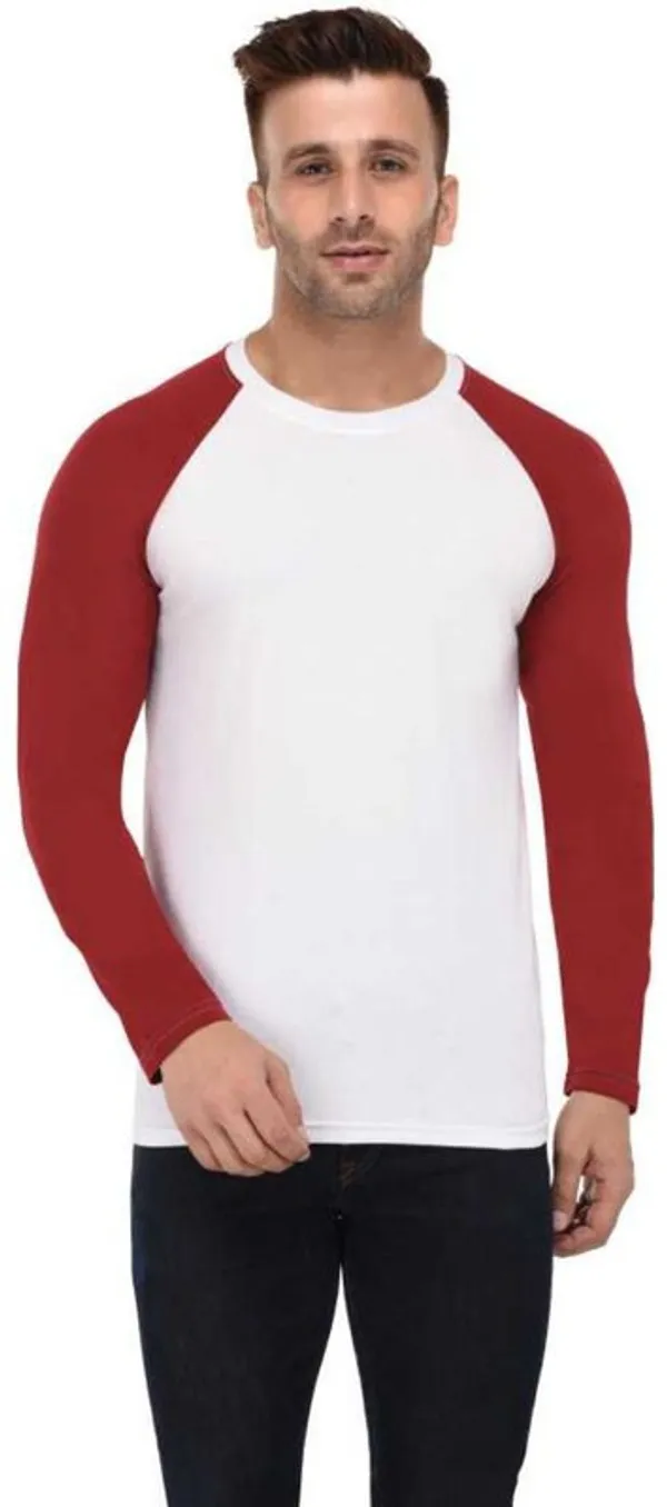 White_&_Maroon_Cotton_Blend_Full_Sleeve_Colorblock_Round_Neck_Regular_T-Shirt_For_Men