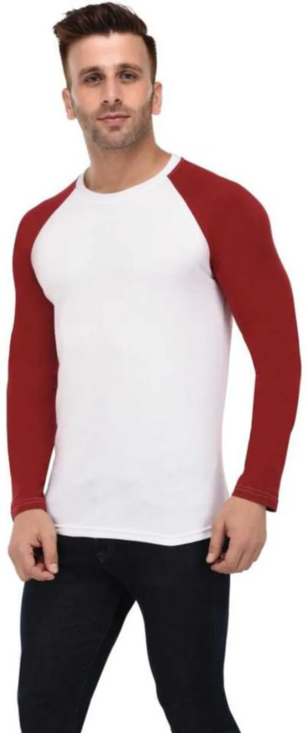 White_&_Maroon_Cotton_Blend_Full_Sleeve_Colorblock_Round_Neck_Regular_T-Shirt_For_Men