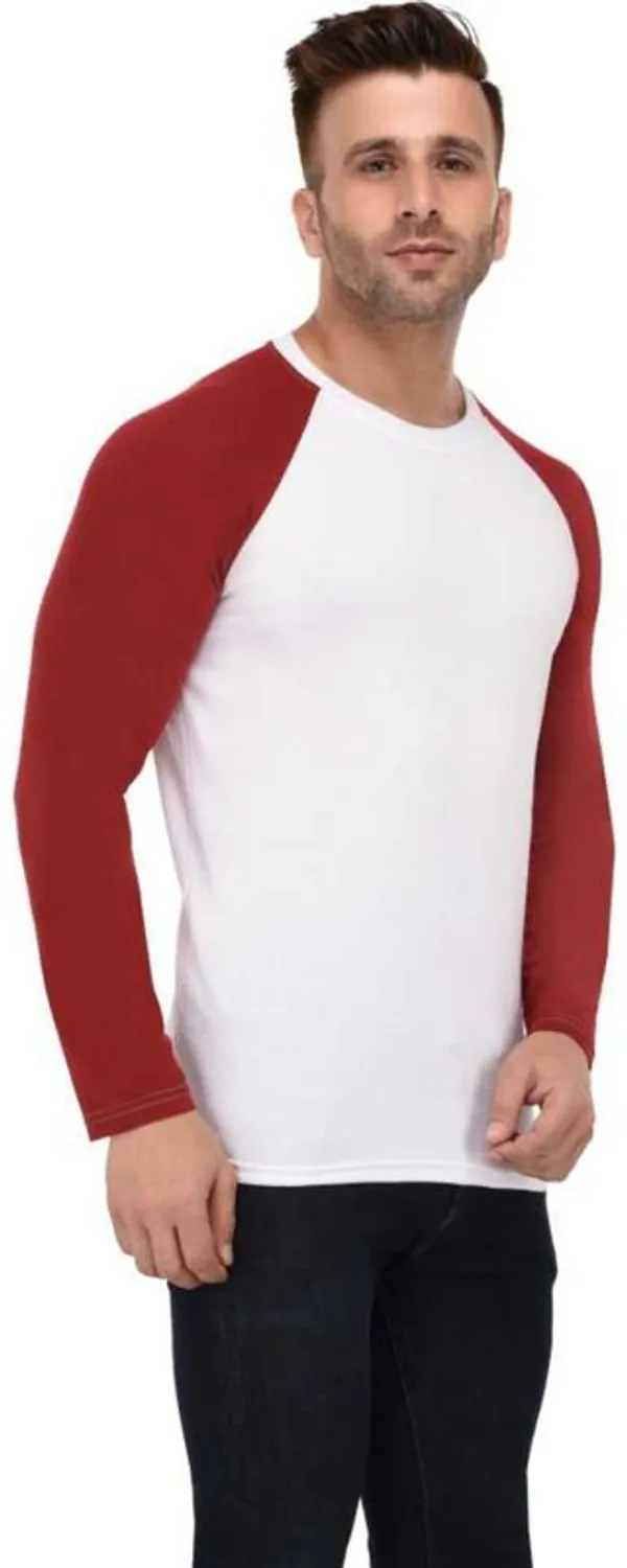 White_&_Maroon_Cotton_Blend_Full_Sleeve_Colorblock_Round_Neck_Regular_T-Shirt_For_Men