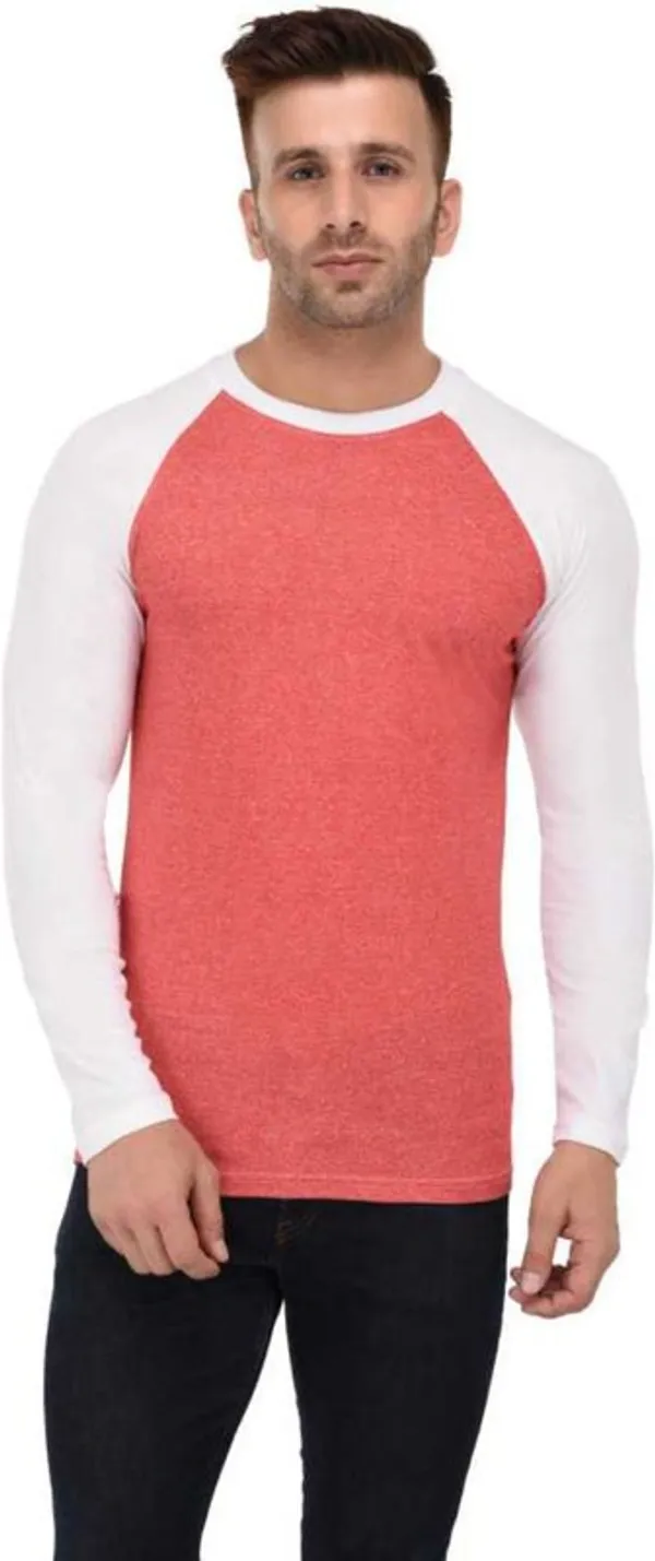 White_&_Pink_Cotton_Blend_Full_Sleeve_Colorblock_Round_Neck_Regular_T-Shirt_For_Men