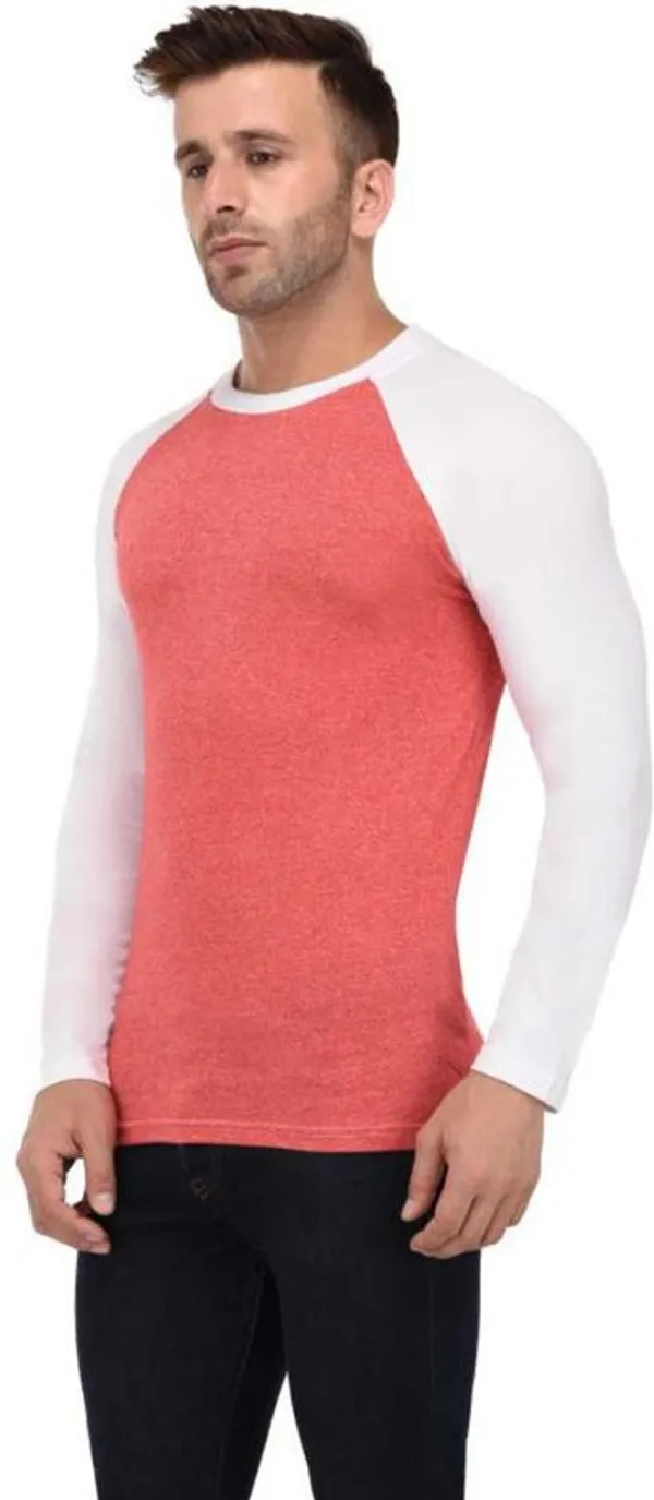 White_&_Pink_Cotton_Blend_Full_Sleeve_Colorblock_Round_Neck_Regular_T-Shirt_For_Men