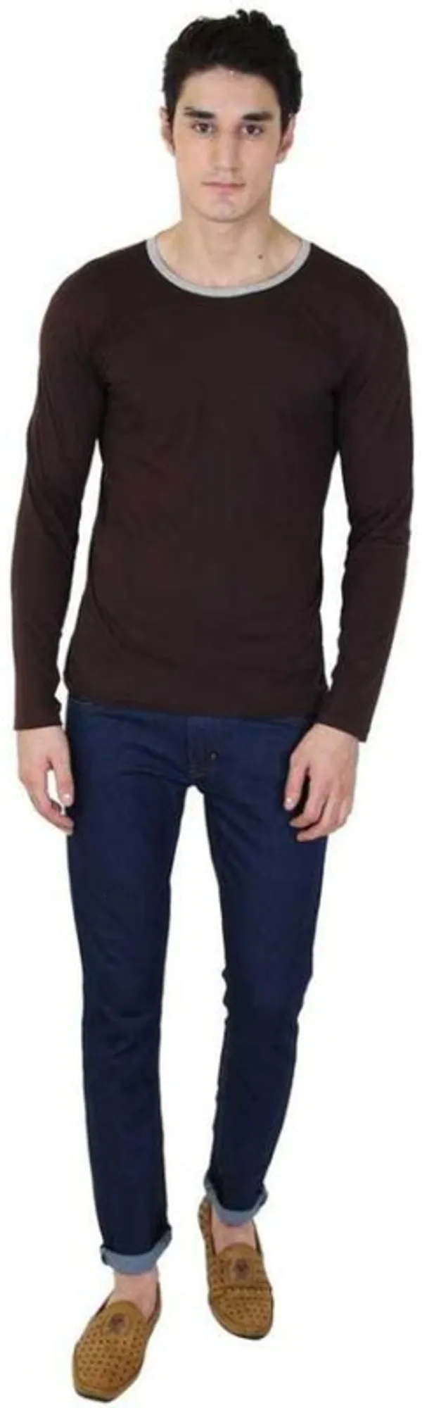 Brown_Cotton_Blend_Full_Sleeve_Solid_Round_Neck_Regular_T-Shirt_For_Men