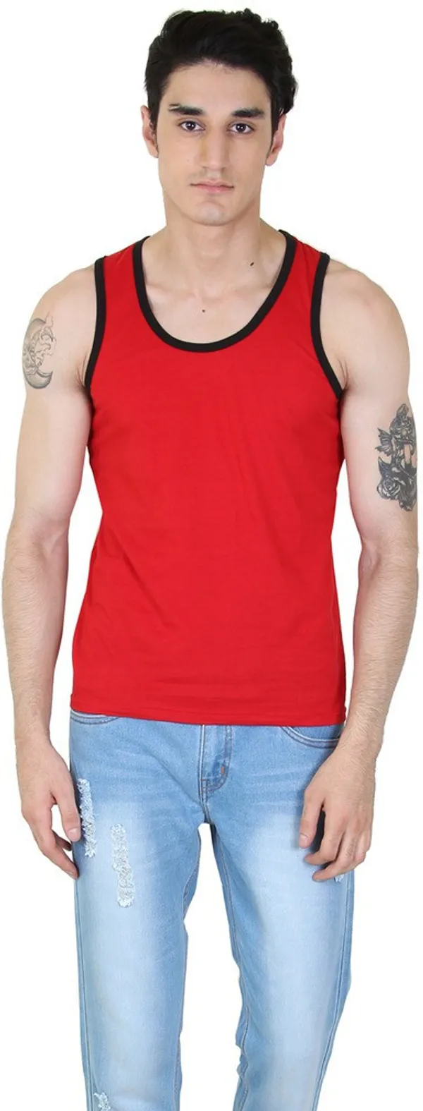 Red_Cotton_Blend_Solid_Square_Neck_Sleeveless_Vest_For_Men