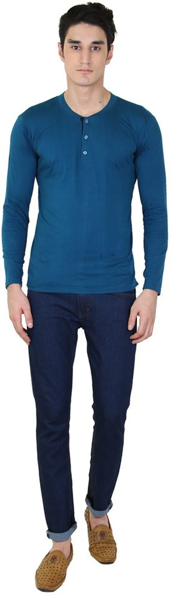 Light_Green_Cotton_Blend_Full_Sleeve_Solid_Henley_Neck_Regular_T-Shirt_For_Men