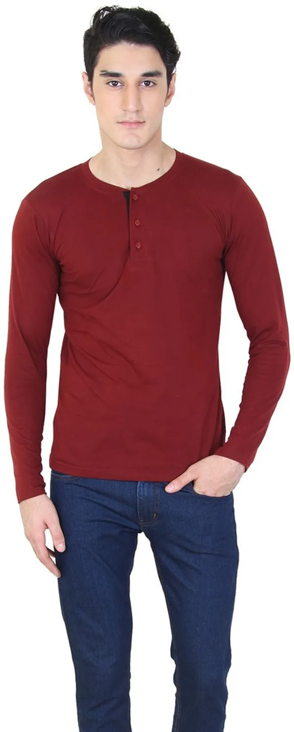 Maroon_Cotton_Blend_Full_Sleeve_Solid_Henley_Neck_Regular_T-Shirt_For_Men