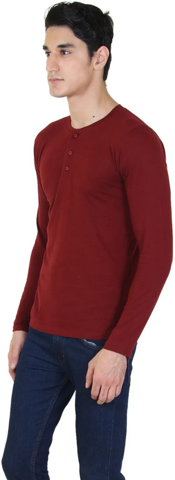Maroon_Cotton_Blend_Full_Sleeve_Solid_Henley_Neck_Regular_T-Shirt_For_Men