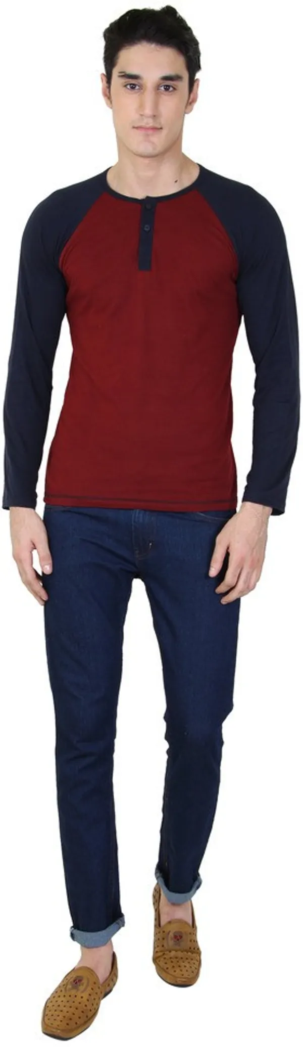 Maroon_Cotton_Blend_Full_Sleeve_Solid_Henley_Neck_Regular_T-Shirt_For_Men