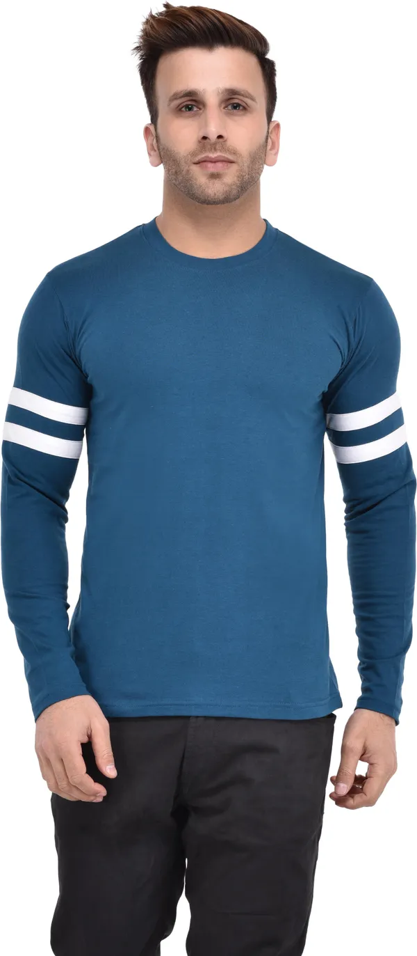 Light_Blue_Cotton_Blend_Full_Sleeve_Solid_Round_Neck_Slim_T-Shirt_For_Men