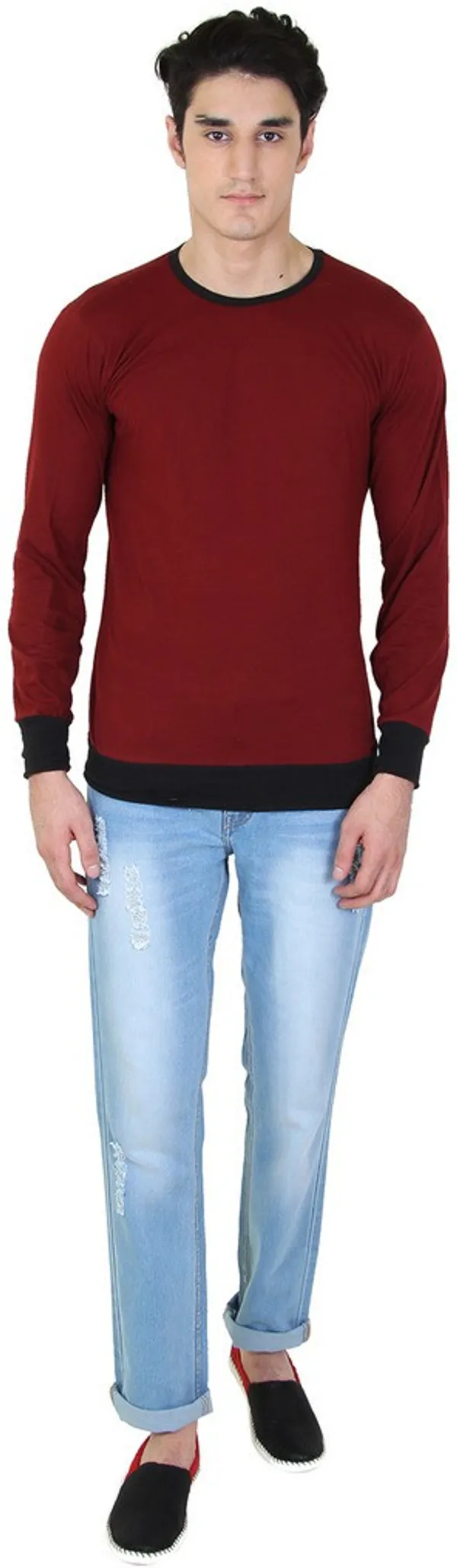 Maroon_Cotton_Blend_Full_Sleeve_Solid_Round_Neck_Regular_T-Shirt_For_Men