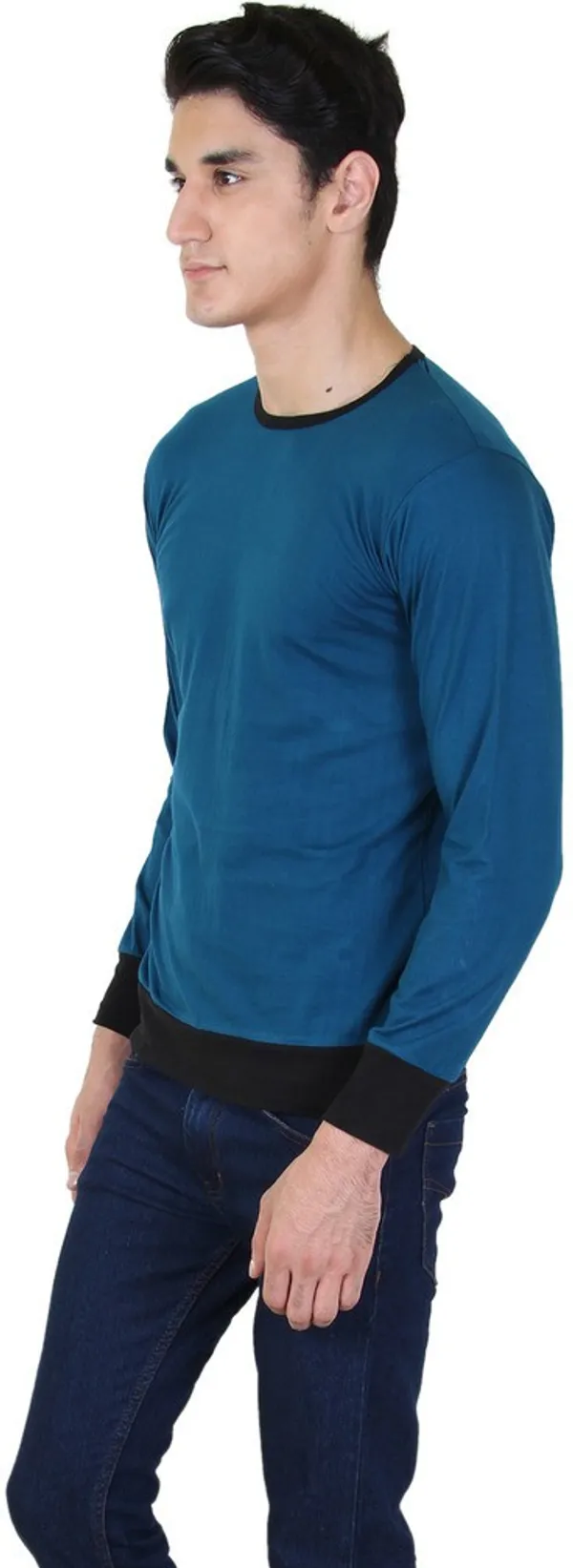 Light_Green_Cotton_Blend_Full_Sleeve_Solid_Round_Neck_Regular_T-Shirt_For_Men