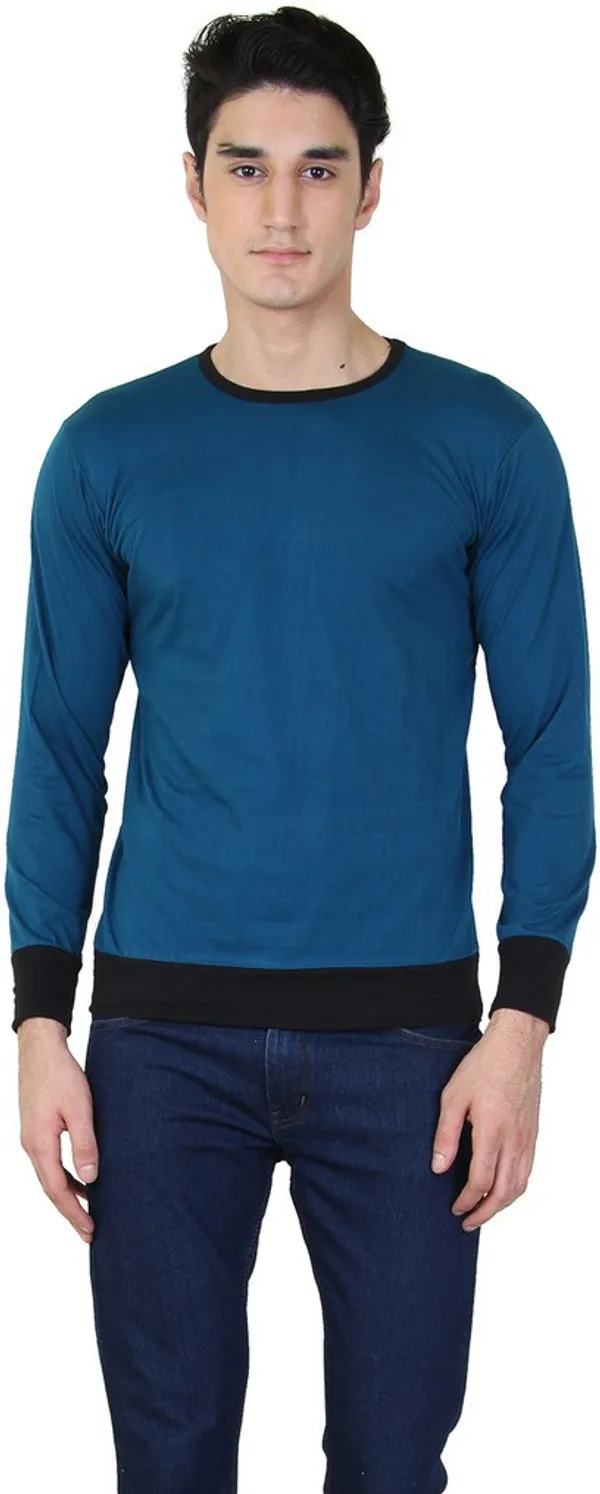 Light_Green_Cotton_Blend_Full_Sleeve_Solid_Round_Neck_Regular_T-Shirt_For_Men