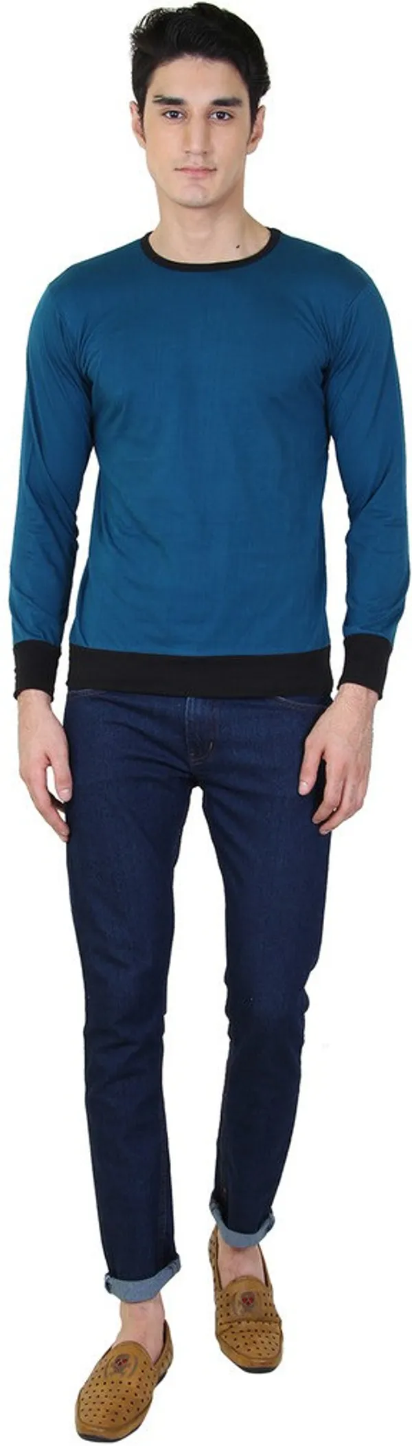 Light_Green_Cotton_Blend_Full_Sleeve_Solid_Round_Neck_Regular_T-Shirt_For_Men