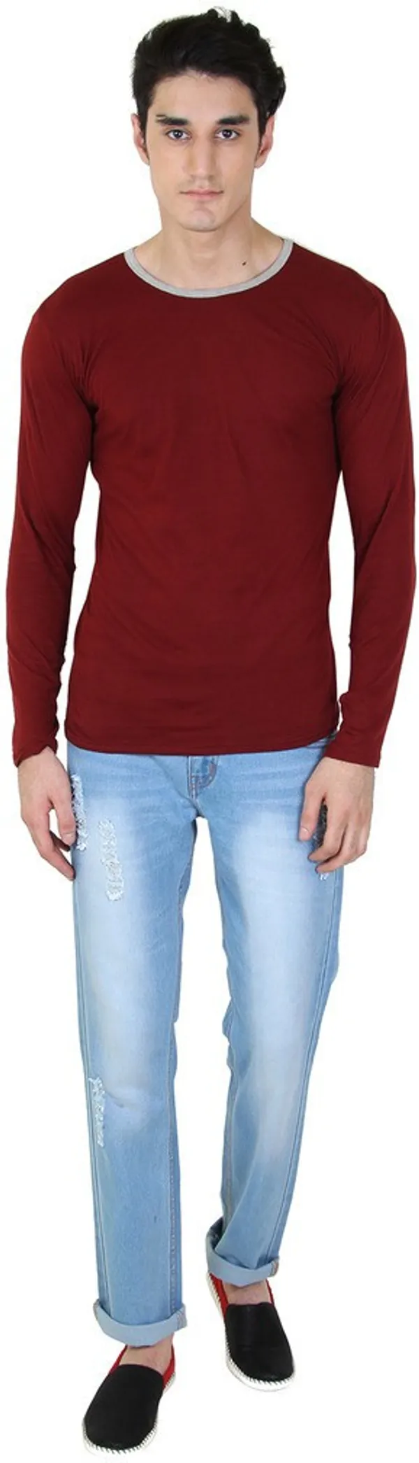 Maroon_Cotton_Blend_Full_Sleeve_Solid_Round_Neck_Regular_T-Shirt_For_Men
