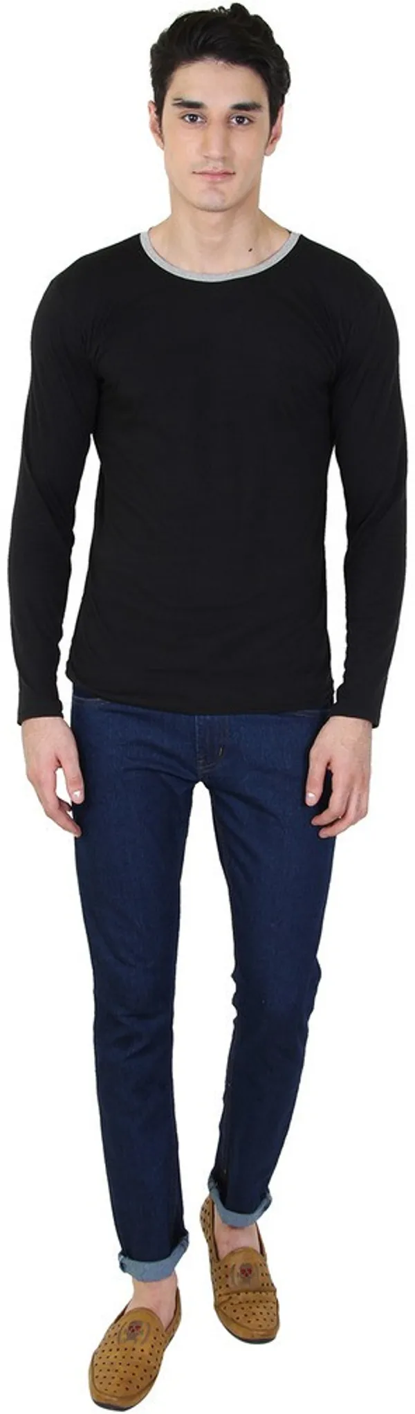 Black_Cotton_Blend_Full_Sleeve_Solid_Round_Neck_Regular_T-Shirt_For_Men