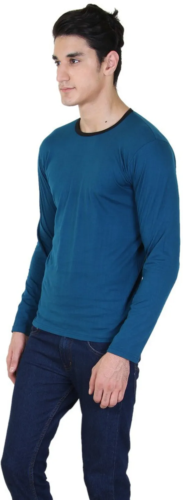 Light_Green_Cotton_Blend_Full_Sleeve_Solid_Round_Neck_Regular_T-Shirt_For_Men