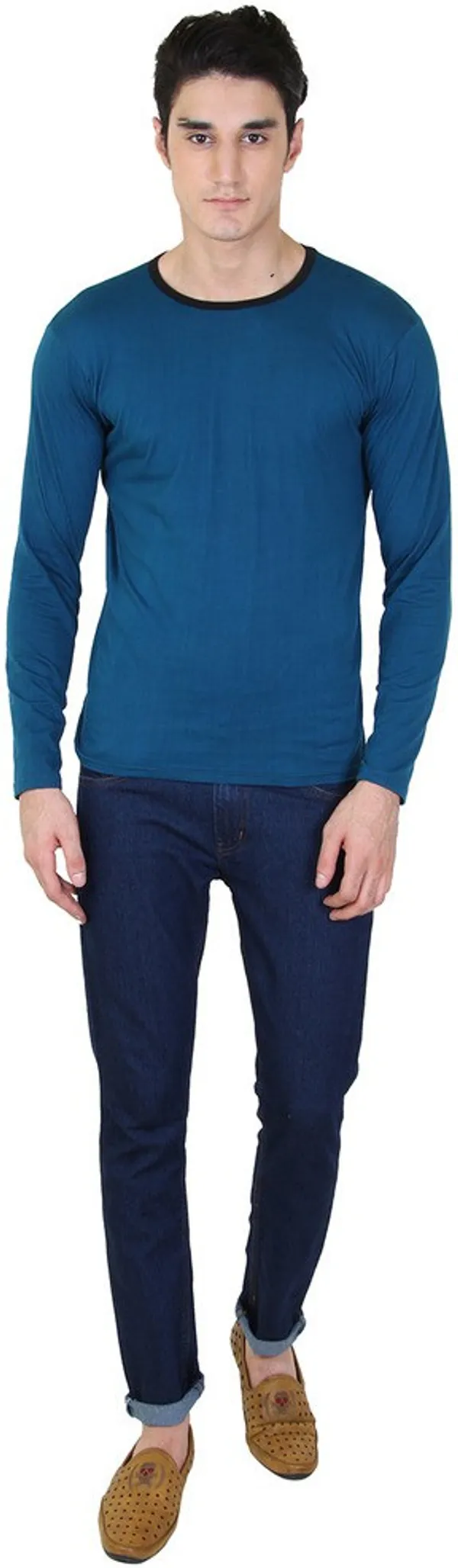 Light_Green_Cotton_Blend_Full_Sleeve_Solid_Round_Neck_Regular_T-Shirt_For_Men