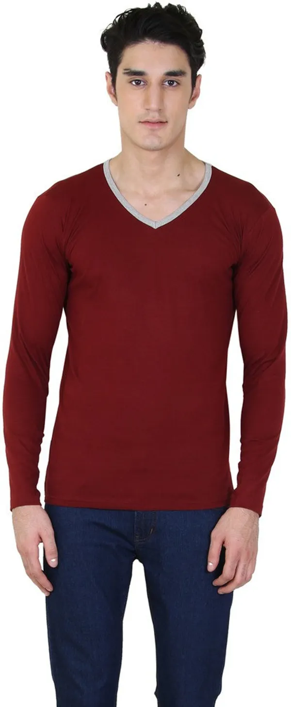 Maroon_Cotton_Blend_Full_Sleeve_Solid_V_Neck_Regular_T-Shirt_For_Men