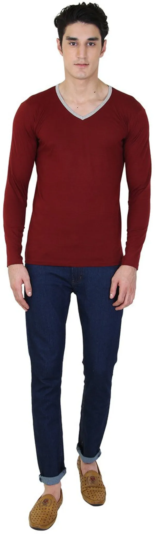 Maroon_Cotton_Blend_Full_Sleeve_Solid_V_Neck_Regular_T-Shirt_For_Men