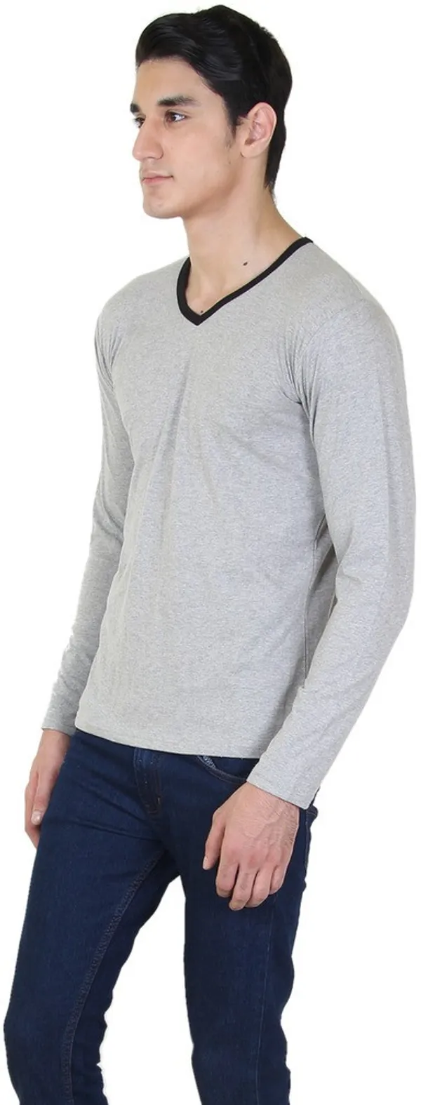Grey_Cotton_Blend_Full_Sleeve_Solid_V_Neck_Regular_T-Shirt_For_Men