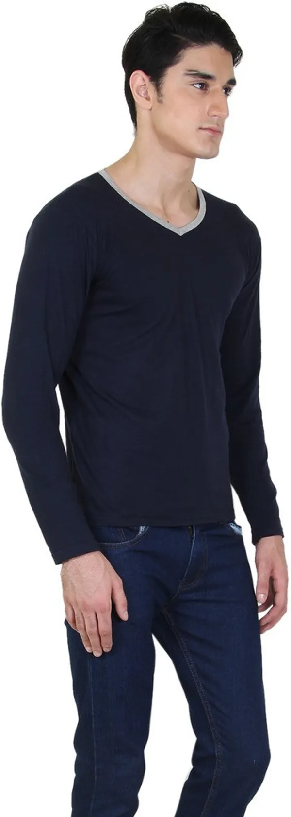 Blue_Cotton_Blend_Full_Sleeve_Solid_V_Neck_Regular_T-Shirt_For_Men