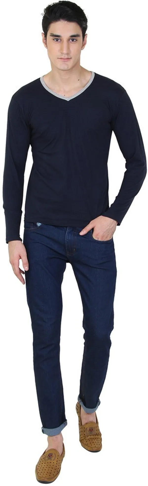 Blue_Cotton_Blend_Full_Sleeve_Solid_V_Neck_Regular_T-Shirt_For_Men