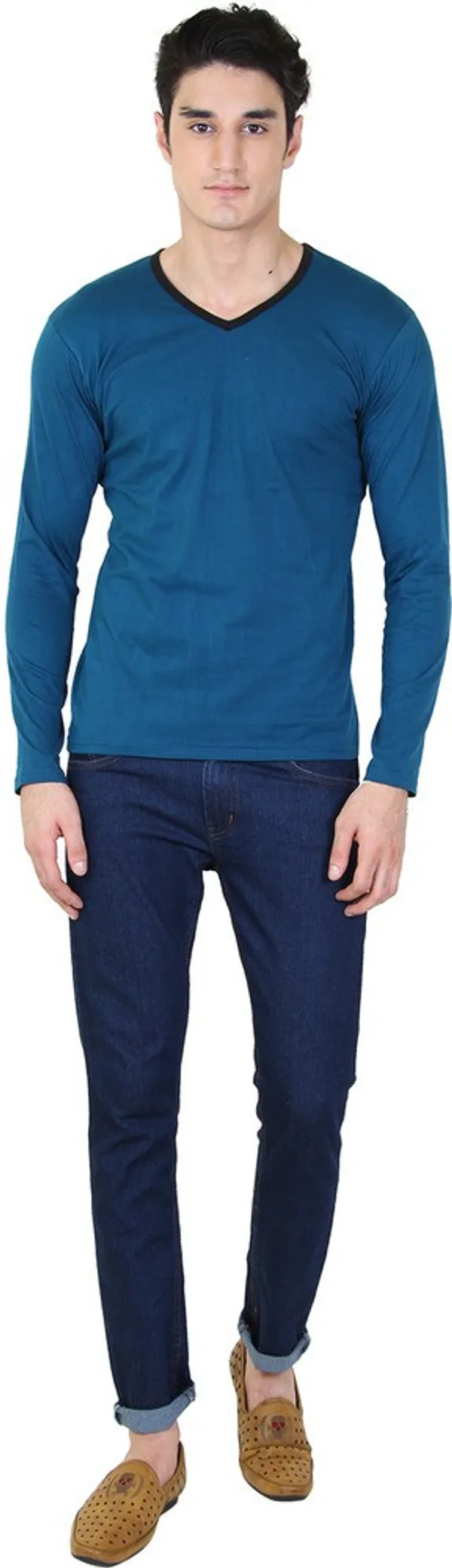 Light_Green_Cotton_Blend_Full_Sleeve_Solid_V_Neck_Regular_T-Shirt_For_Men