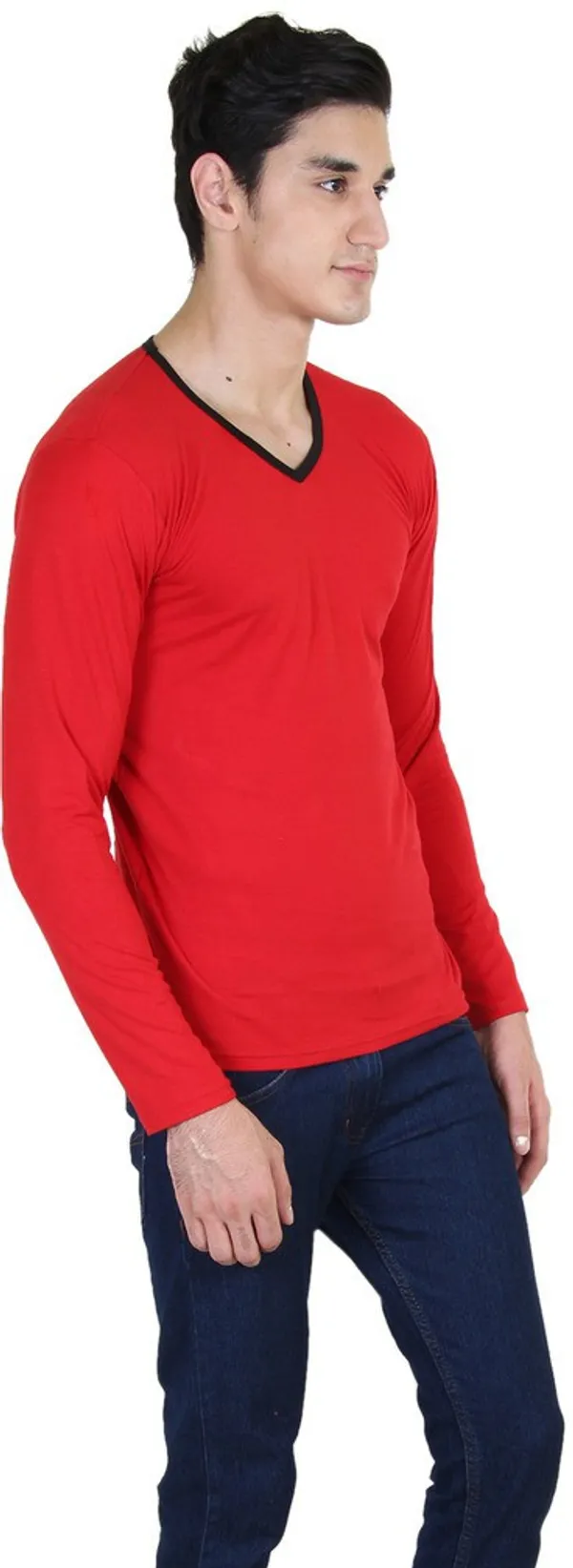Red_Cotton_Blend_Full_Sleeve_Solid_V_Neck_Regular_T-Shirt_For_Men
