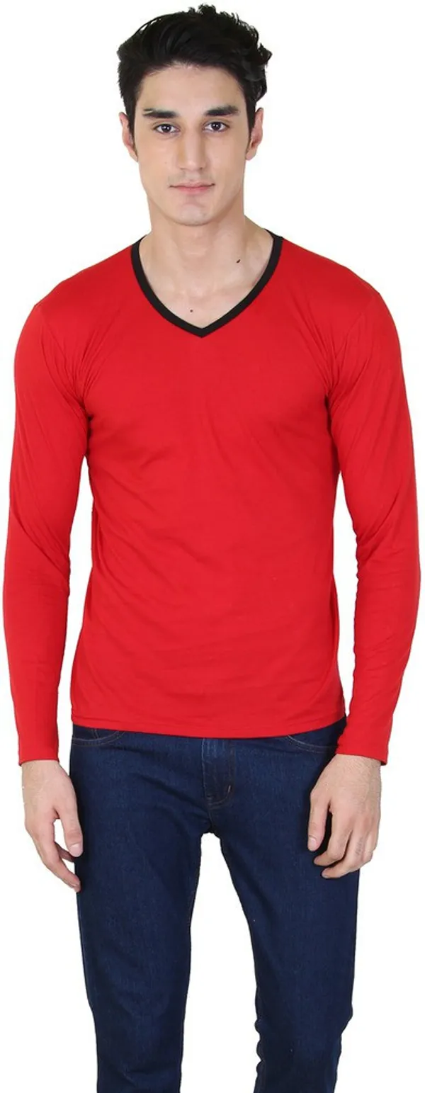 Red_Cotton_Blend_Full_Sleeve_Solid_V_Neck_Regular_T-Shirt_For_Men