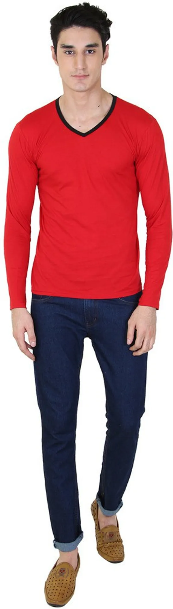 Red_Cotton_Blend_Full_Sleeve_Solid_V_Neck_Regular_T-Shirt_For_Men