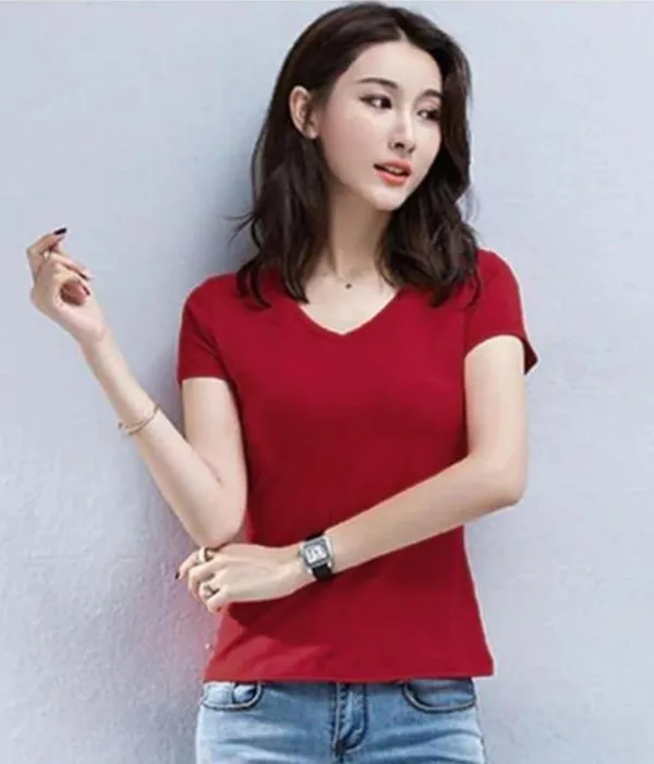 Cotton_Blend_Half_Sleeve_Solid_V_Neck_Regular_T-Shirt_For_Women_(Pack_Of_2)