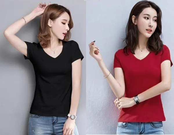 Cotton_Blend_Half_Sleeve_Solid_V_Neck_Regular_T-Shirt_For_Women_(Pack_Of_2)