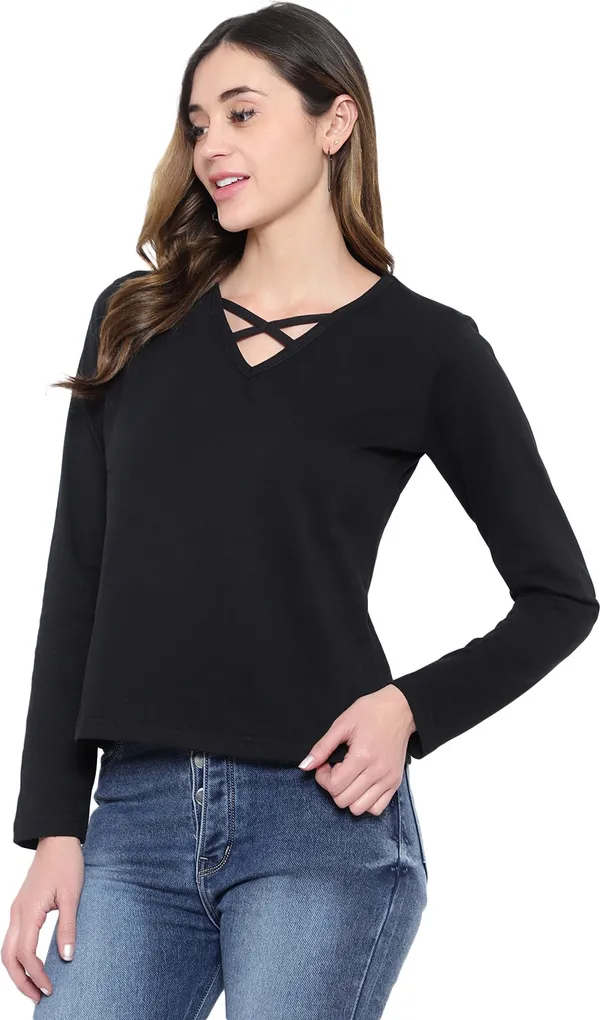 Black_Cotton_Blend_Full_Sleeve_Solid_V_Neck_Regular_T-Shirt_For_Women