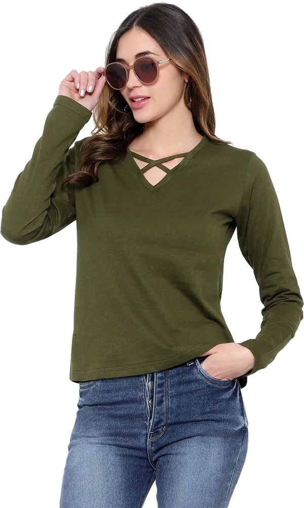 Black_Cotton_Blend_Full_Sleeve_Solid_V_Neck_Regular_T-Shirt_For_Women