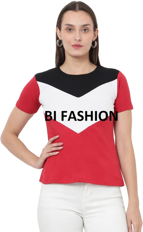 Grey_&_Red_Cotton_Blend_Short_Sleeve_Colorblock_Round_Neck_Regular_T-Shirt_For_Women