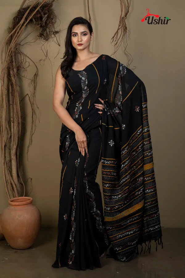 BLACK_Cotton_Kanthastitch_HAND_WORK_Saree