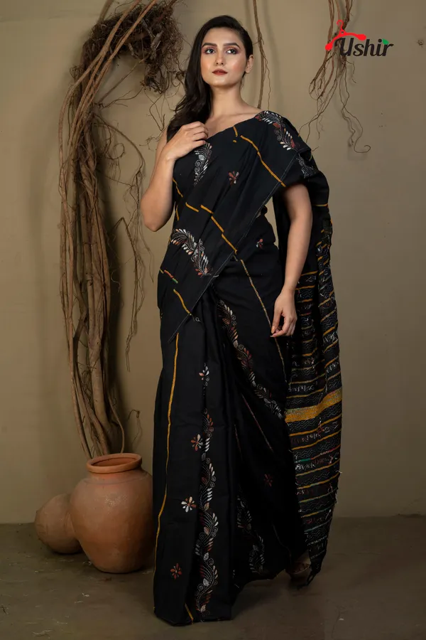 BLACK_Cotton_Kanthastitch_HAND_WORK_Saree