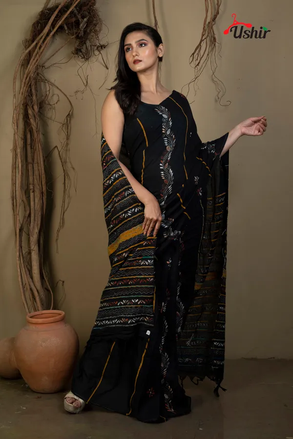 BLACK_Cotton_Kanthastitch_HAND_WORK_Saree