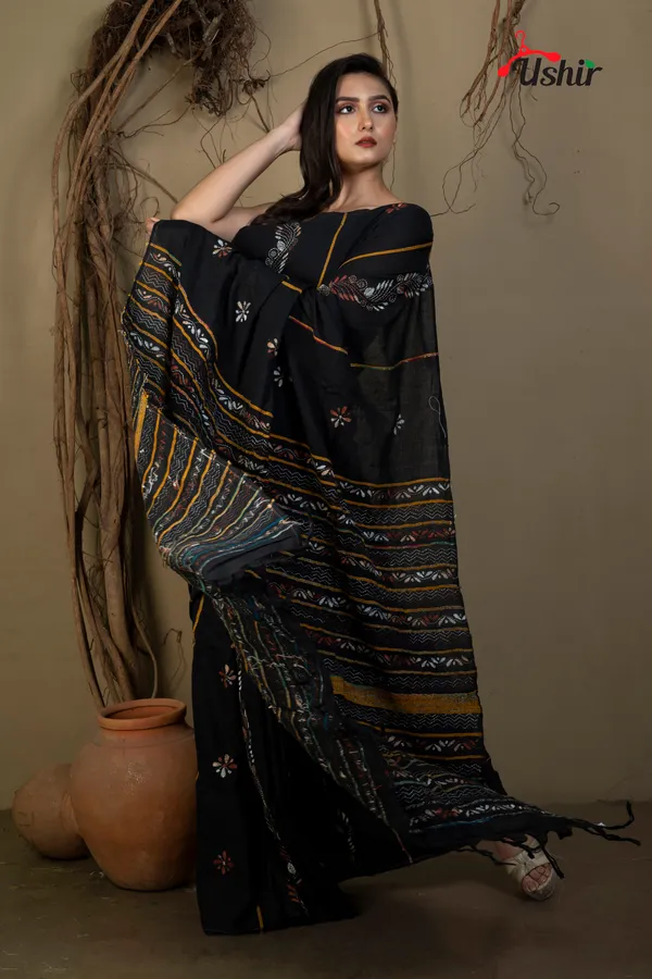 BLACK_Cotton_Kanthastitch_HAND_WORK_Saree